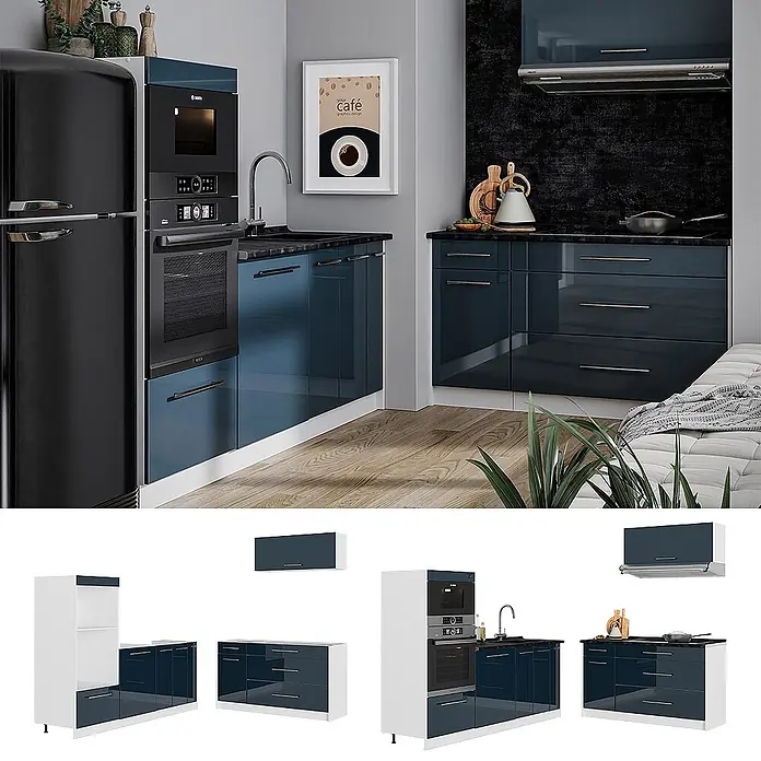 Vicco Küchenzeile - Breite: 340 cm, Dunkelblau Hochglanz, Ohne Elektrogeräte - Moderne Küche mit glänzenden blauen Schränken, dunkler Arbeitsplatte und integrierten Geräten in stilvollem Ambiente.