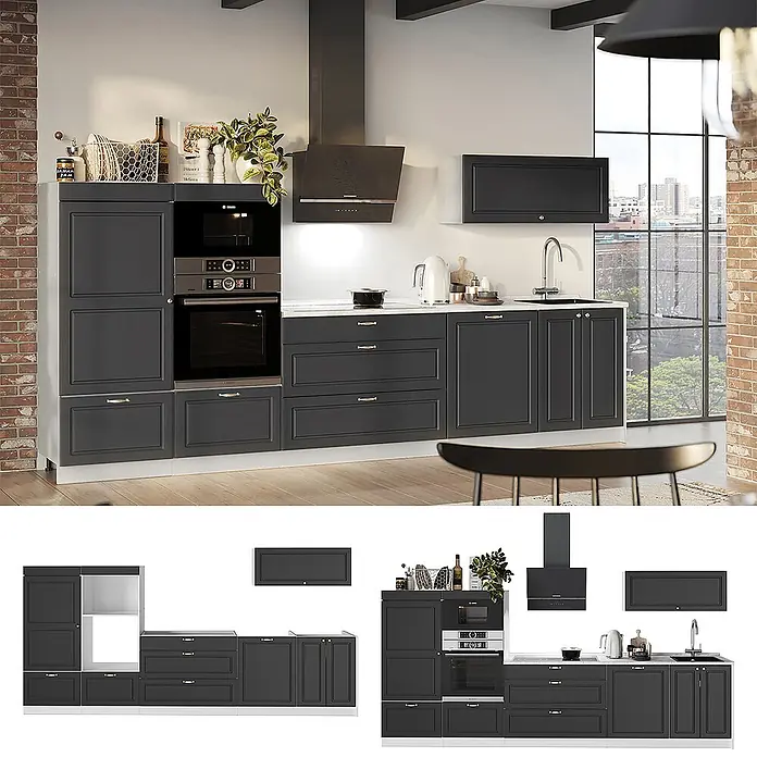 Vicco Küchenzeile - Breite: 340 cm, Anthrazit-Gold Landhaus, Ohne Elektrogeräte - Dunkelgraue Modulküche mit integrierten Öfen, Dunstabzugshaube, Spüle und viel Stauraum, in moderner Küche.