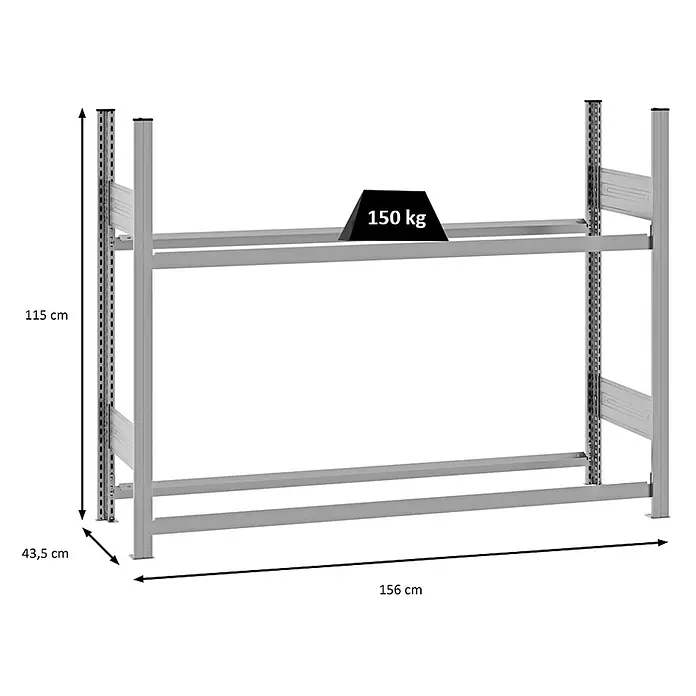 Reifenregal Stecksystem TIRE PRO Grundregal 115x150x43cm Verzinkt -  - Verstellbares graues Metallregal mit zwei Fachböden, zeigt Maße und 150 kg Tragkraft.