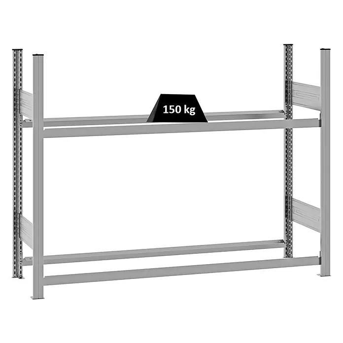 Reifenregal Stecksystem TIRE PRO Grundregal 115x150x43cm Verzinkt -  - Graues Metallregal mit zwei Ebenen, das eine Tragfähigkeit von 150 kg anzeigt.