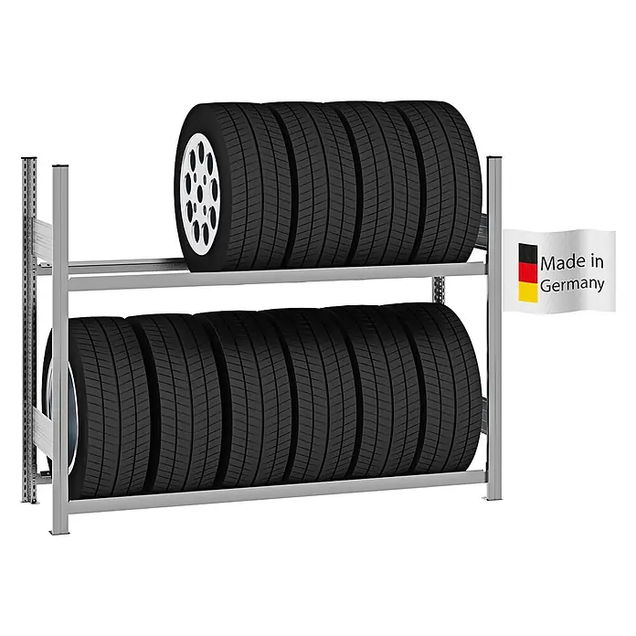 Reifenregal Stecksystem TIRE PRO Grundregal 115x150x43cm Verzinkt -  - Graues Metall-Reifenregal mit zwei Ebenen und Reifen, inklusive "Made in Germany"-Etikett.