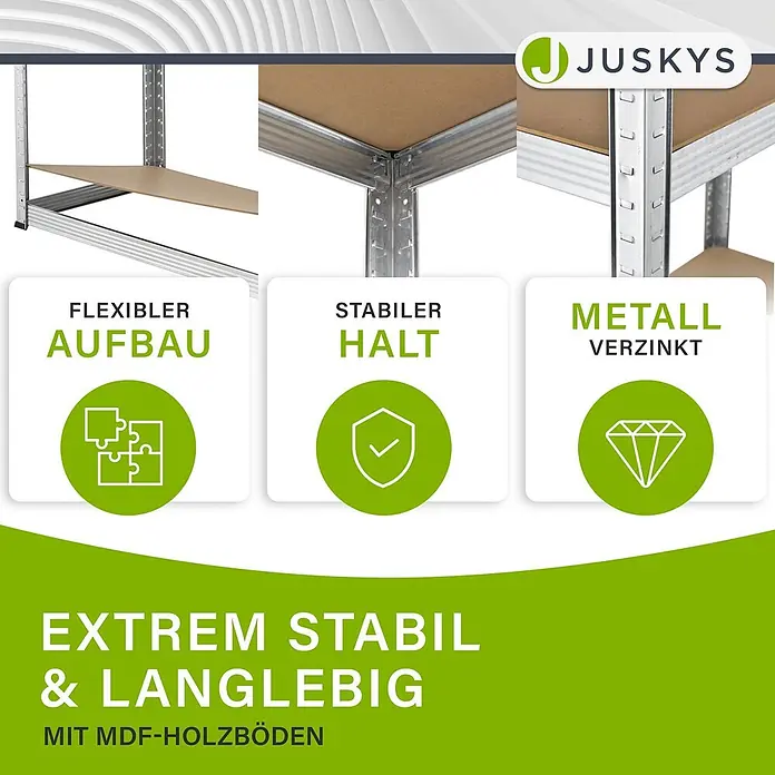 Juskys Schwerlastregal - H x B x T: 200 x 100 x 60 cm, Traglast pro Boden: 80 kg, Anzahl Böden: 5 Stk., Silber