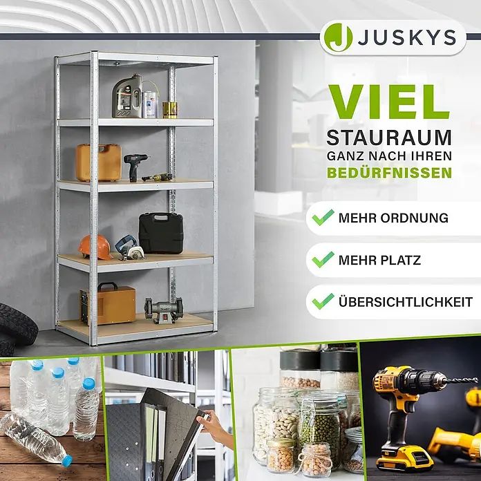 Juskys Schwerlastregal - H x B x T: 200 x 100 x 60 cm, Traglast pro Boden: 80 kg, Anzahl Böden: 5 Stk., Silber