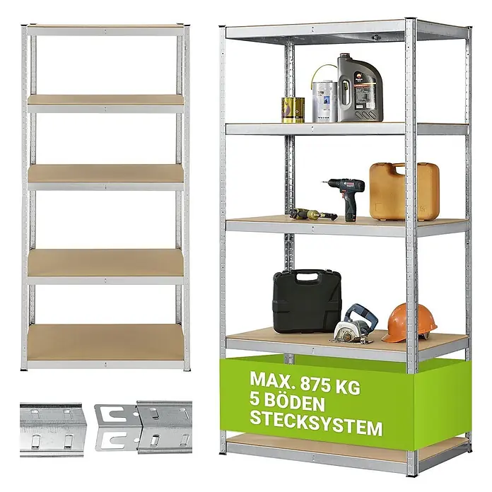 Juskys Schwerlastregal - H x B x T: 200 x 100 x 60 cm, Traglast pro Boden: 80 kg, Anzahl Böden: 5 Stk., Silber