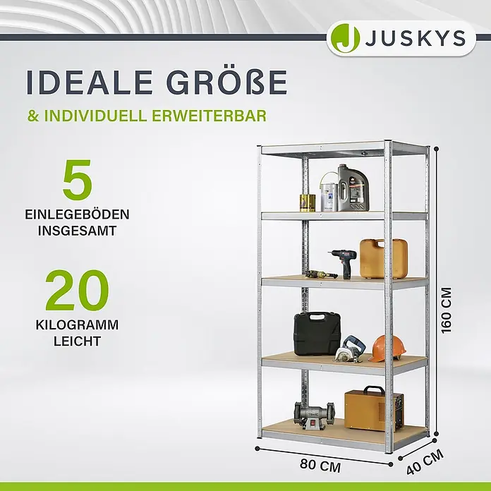 Juskys Schwerlastregal - H x B x T: 200 x 100 x 60 cm, Traglast pro Boden: 80 kg, Anzahl Böden: 5 Stk., Silber
