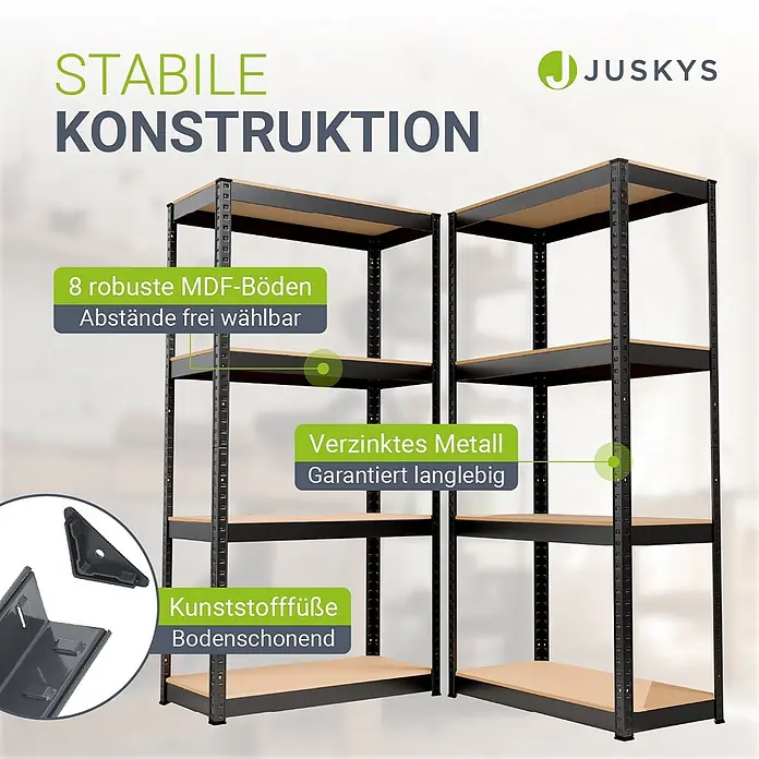 Juskys Schwerlastregal - H x B x T: 160 x 80 x 40 cm, Traglast pro Boden: 80 kg, Anzahl Böden: 8 Stk., Grau