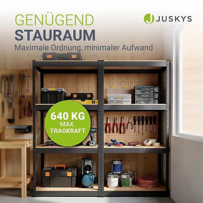 Juskys Schwerlastregal - H x B x T: 160 x 80 x 40 cm, Traglast pro Boden: 80 kg, Anzahl Böden: 8 Stk., Grau
