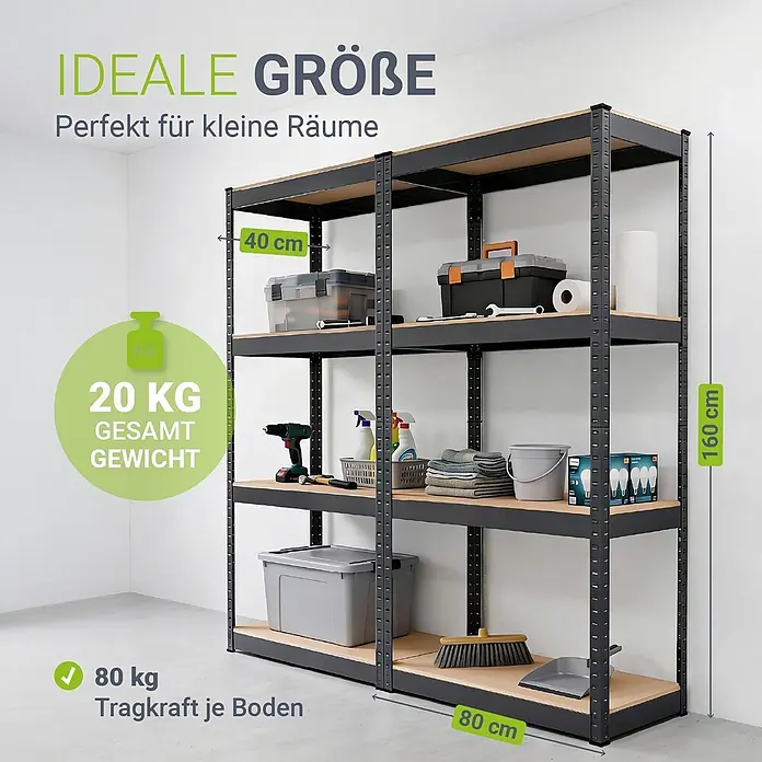 Juskys Schwerlastregal - H x B x T: 160 x 80 x 40 cm, Traglast pro Boden: 80 kg, Anzahl Böden: 8 Stk., Grau