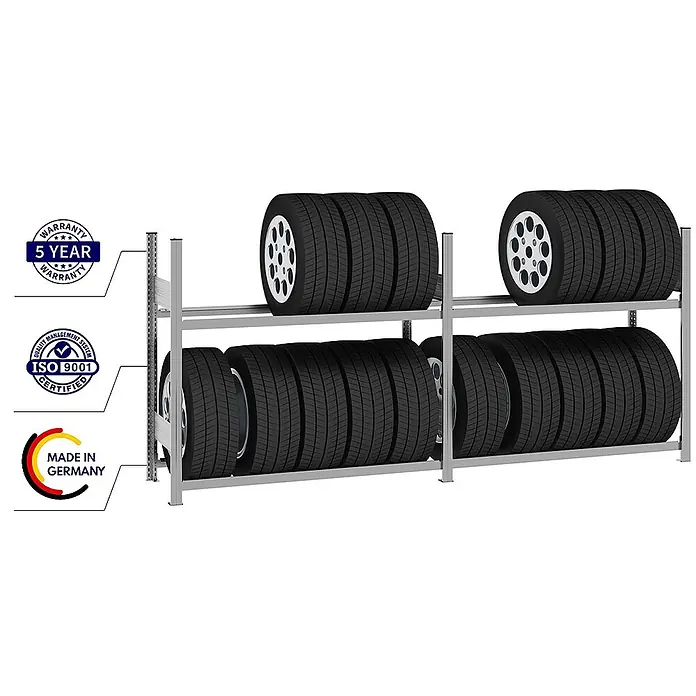 Proregal Reifenregal TIRE PRO 150cm Feldbreite - H x B x T: 115 x 260 x 43 cm, Stecken, Verzinkt - Graues Metall-Reifenlagerregal mit Reihen schwarzer Reifen.