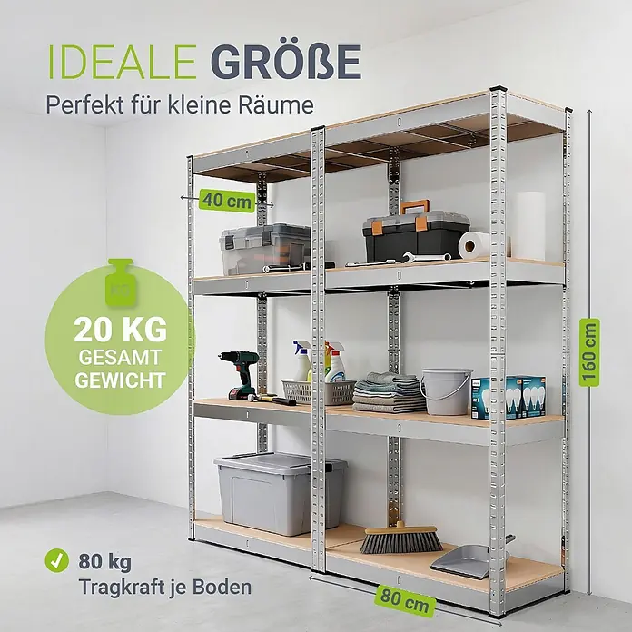 Juskys Schwerlastregal - H x B x T: 160 x 80 x 40 cm, Traglast pro Boden: 80 kg, Anzahl Böden: 8 Stk., Silber