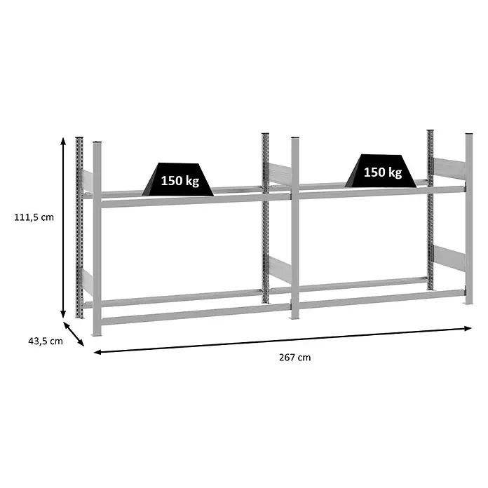Proregal Reifenregal TIRE PRO 150cm Feldbreite - H x B x T: 115 x 260 x 43 cm, Stecken, Verzinkt - Graues Metallregal mit zwei Ebenen und zwei 150 kg Gewichten, 111,5 cm hoch, 43,5 cm tief, 267 cm breit.