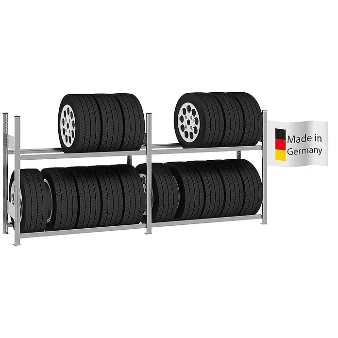 Proregal Reifenregal TIRE PRO 150cm Feldbreite - H x B x T: 115 x 260 x 43 cm, Stecken, Verzinkt - Modulares Reifenregal aus silbernem Metall mit zwei Ebenen für mehrere Autoreifen. Mit 'Made in Germany'-Flagge.