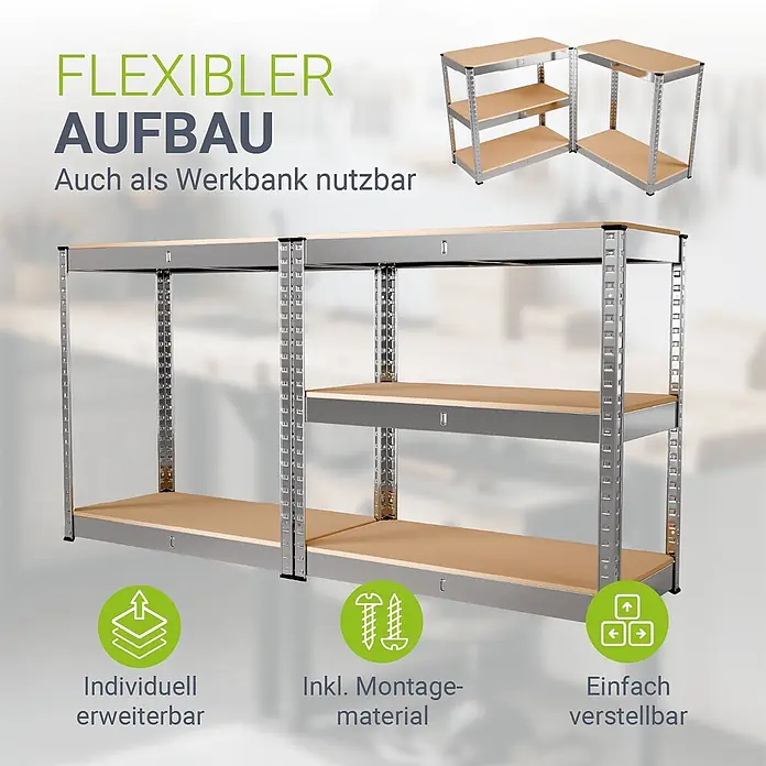 Juskys Schwerlastregal - H x B x T: 160 x 80 x 40 cm, Traglast pro Boden: 80 kg, Anzahl Böden: 8 Stk., Silber