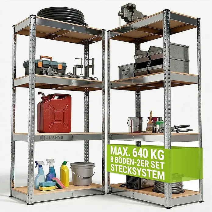 Juskys Schwerlastregal - H x B x T: 160 x 80 x 40 cm, Traglast pro Boden: 80 kg, Anzahl Böden: 8 Stk., Silber
