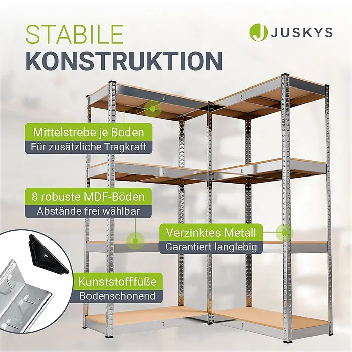 Juskys Schwerlastregal - H x B x T: 160 x 80 x 40 cm, Traglast pro Boden: 80 kg, Anzahl Böden: 8 Stk., Silber