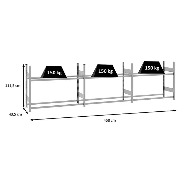 Proregal Reifenregal TIRE PRO - H x B x T: 115 x 450 x 43 cm, Stecken, Verzinkt - Graues Metallregal mit zwei Ebenen, drei Sektionen und 458 cm Gesamtlänge, trägt 150 kg pro Fachboden.
