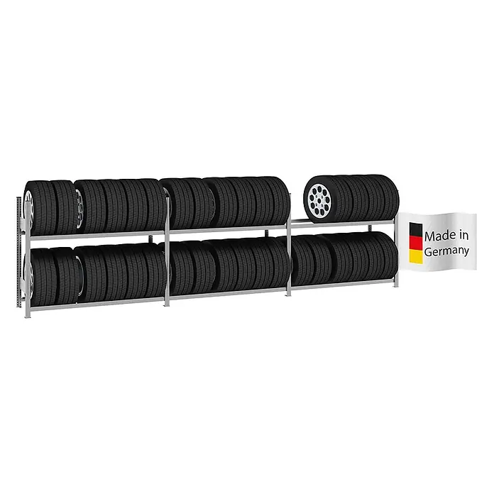 Proregal Reifenregal TIRE PRO - H x B x T: 115 x 450 x 43 cm, Stecken, Verzinkt - Graues Metallreifenlagerregal mit zwei Ebenen, voll mit Autoreifen und einem „Made in Germany“-Etikett.