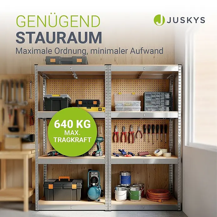 Juskys Schwerlastregal - H x B x T: 160 x 80 x 40 cm, Traglast pro Boden: 80 kg, Anzahl Böden: 8 Stk., Silber