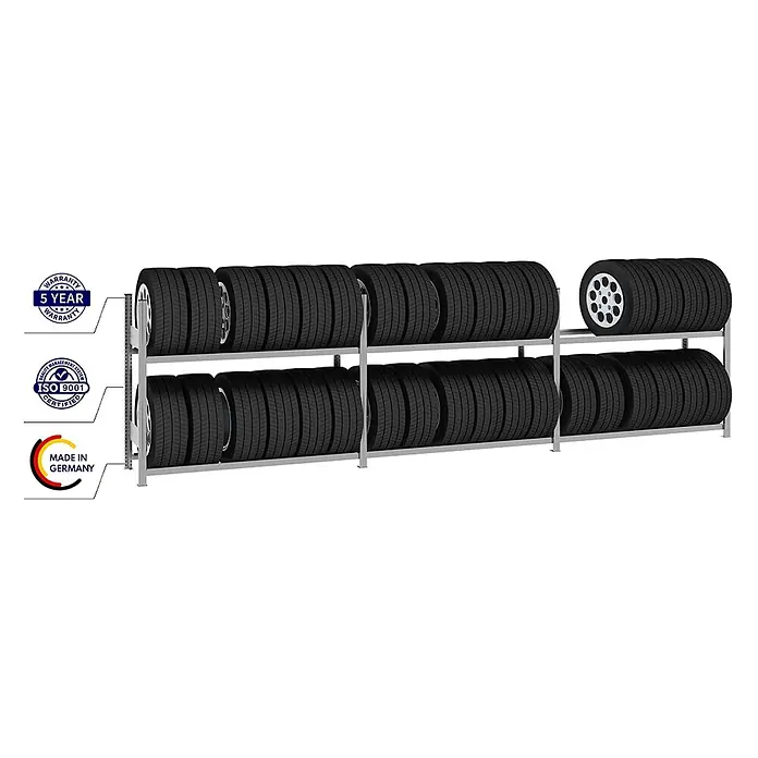 Proregal Reifenregal TIRE PRO - H x B x T: 115 x 450 x 43 cm, Stecken, Verzinkt - Zweistufiges Reifenregal aus grauem Metall, das Reihen schwarzer Reifen hält.