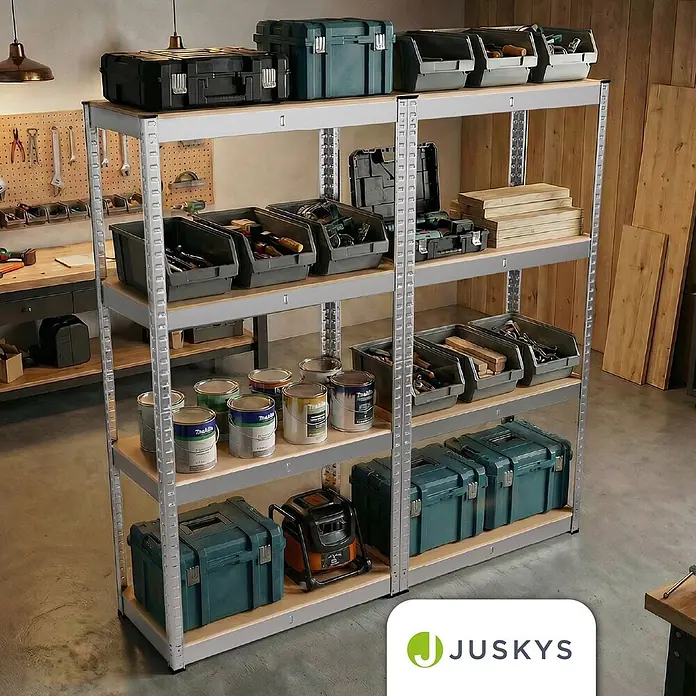 Juskys Schwerlastregal - H x B x T: 160 x 80 x 40 cm, Traglast pro Boden: 80 kg, Anzahl Böden: 8 Stk., Silber