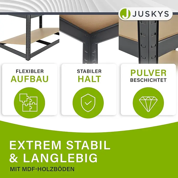 Juskys Schwerlastregal - H x B x T: 200 x 100 x 60 cm, Traglast pro Boden: 80 kg, Anzahl Böden: 5 Stk., Grau