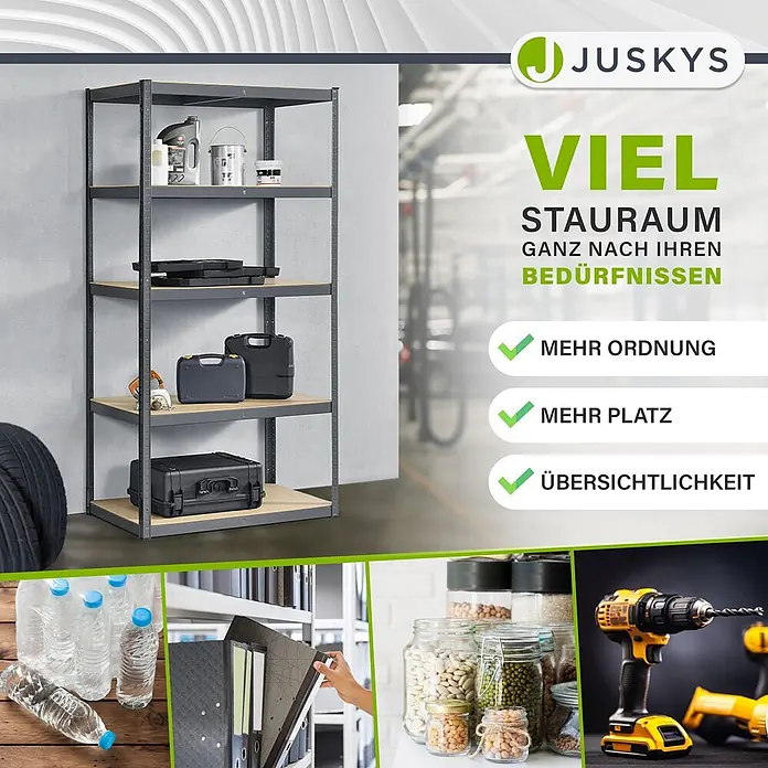Juskys Schwerlastregal - H x B x T: 200 x 100 x 60 cm, Traglast pro Boden: 80 kg, Anzahl Böden: 5 Stk., Grau