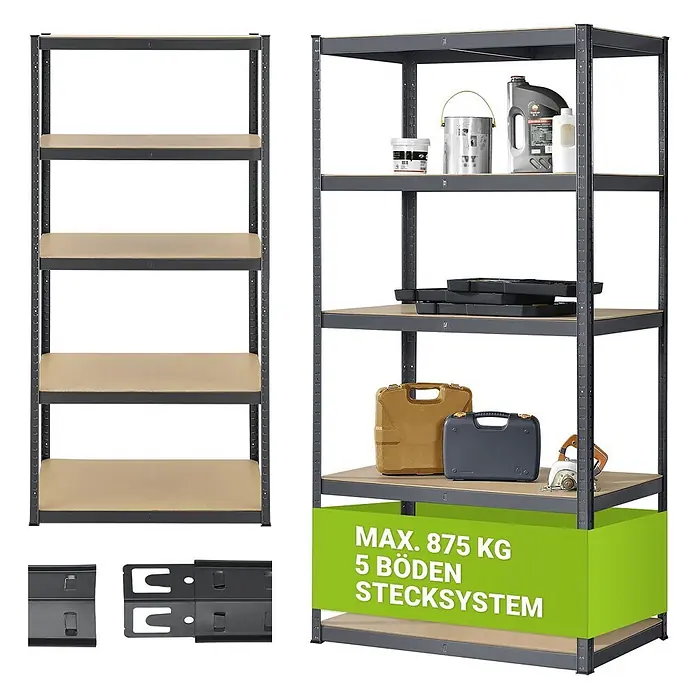 Juskys Schwerlastregal - H x B x T: 200 x 100 x 60 cm, Traglast pro Boden: 80 kg, Anzahl Böden: 5 Stk., Grau