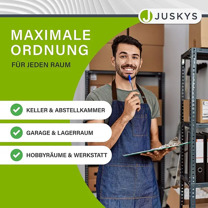 Juskys Schwerlastregal - H x B x T: 200 x 100 x 60 cm, Traglast pro Boden: 80 kg, Anzahl Böden: 5 Stk., Grau