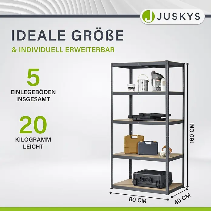 Juskys Schwerlastregal - H x B x T: 200 x 100 x 60 cm, Traglast pro Boden: 80 kg, Anzahl Böden: 5 Stk., Grau