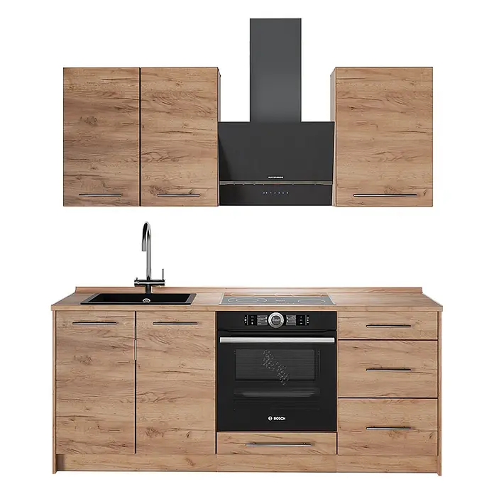 Vicco Singleküche - Breite: 190 cm, Goldkraft Eiche, Ohne AP - Modulare Küchenzeile mit hellen Holzmaserungsschränken, schwarzem Spülbecken, Induktionskochfeld, Einbaubackofen und passender Dunstabzugshaube.