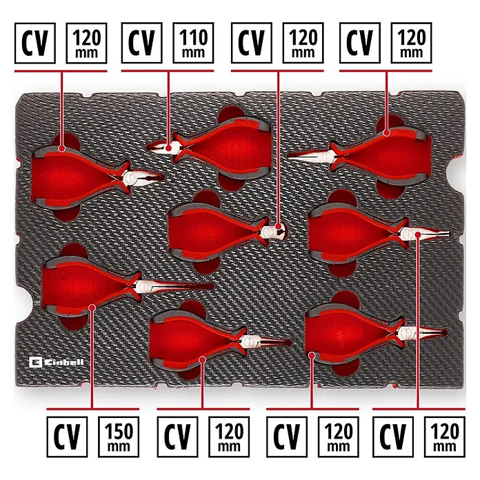 Einhell Werkzeugsatz-Einlage E-Case Feinmechaniker Zangen - 8 -tlg. - Set Präzisionszangen mit roten Griffen in passender dunkelgrauer Einlage, Größen 110mm bis 150mm.