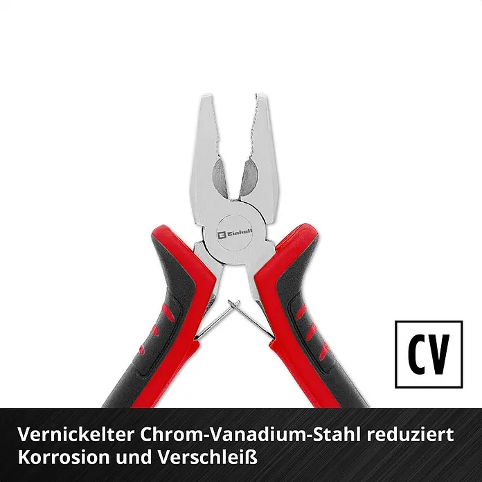 Einhell Werkzeugsatz-Einlage E-Case Feinmechaniker Zangen - 8 -tlg. - Vernickelte Chrom-Vanadium-Stahl Zange mit rot-schwarzen Griffen, reduziert Korrosion und Verschleiß.
