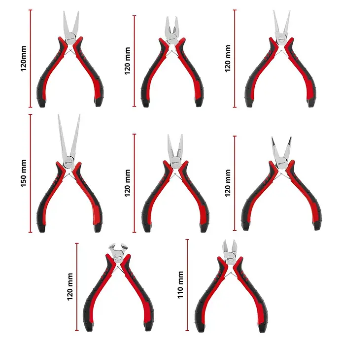 Einhell Werkzeugsatz-Einlage E-Case Feinmechaniker Zangen - 8 -tlg. - Set aus 7 Mini-Zangen mit schwarz-roten Griffen, verschiedene Typen (Spitz-, Kombi-, Seitenschneider), 110-150 mm.