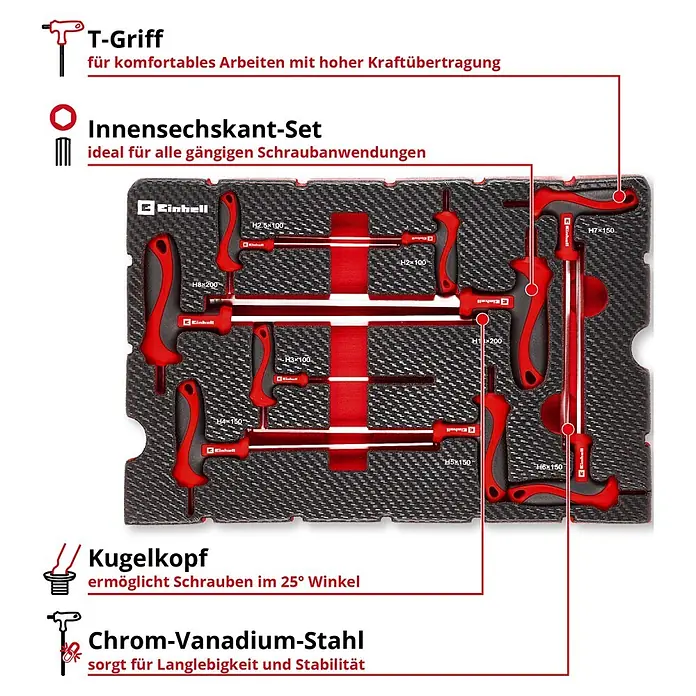 Einhell Werkzeugsatz-Einlage E-Case T-Griff - 9 -tlg. - Set roter und schwarzer T-Griff Innensechskantschlüssel aus Chrom-Vanadium-Stahl mit Kugelkopf für Winkelschrauben und komfortablem Griff.
