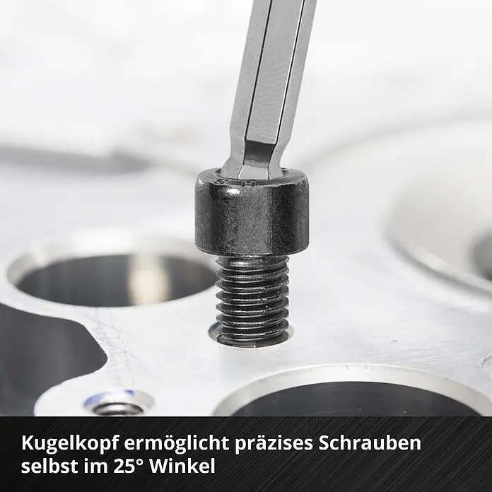Einhell Werkzeugsatz-Einlage E-Case T-Griff - 9 -tlg. - Abgewinkelter Kugelkopf-Innensechskant-Bit in Schraube im Metallteil, ermöglicht präzises Schrauben bis 25°.