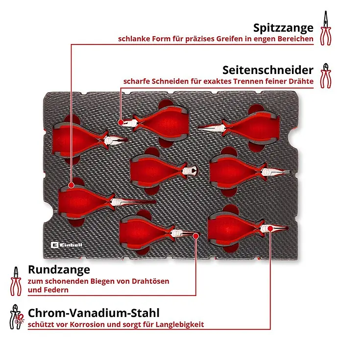 Einhell Werkzeugsatz-Einlage E-Case Feinmechaniker Zangen - 8 -tlg. - Rotes und schwarzes Miniaturzangen-Set aus Chrom-Vanadium-Stahl (Spitzzange, Seitenschneider, Rundzange) in Schaumstoffeinlage.
