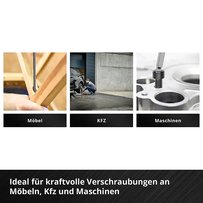 Einhell Werkzeugsatz-Einlage E-Case T-Griff - 9 -tlg. - Sechskant-Bit im Einsatz bei Möbelmontage, Autoreparatur und Maschinenbefestigung, zeigt Vielseitigkeit.