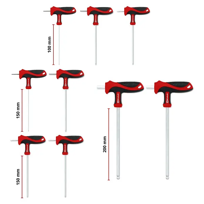 Einhell Werkzeugsatz-Einlage E-Case T-Griff - 9 -tlg. - Set roter/schwarzer T-Griff-Innensechskantschlüssel (Inbus) in 100, 150, 200mm Längen mit silbernen Schäften, teils mit Kugelkopf.