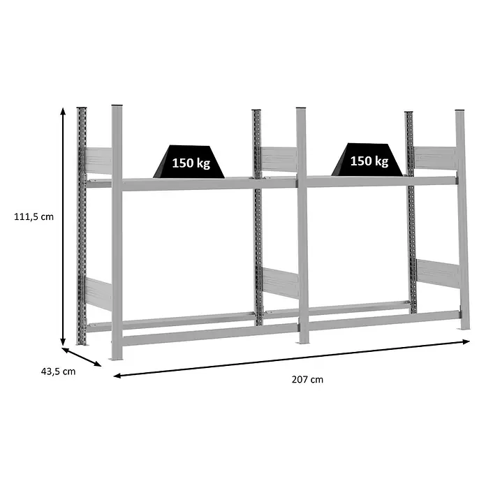 Proregal Reifenregal TIRE PRO - H x B x T: 115 x 200 x 43 cm, Stecken, Verzinkt - Graues Metallregal mit zwei Fachböden, jeder mit 150 kg beladen, Maße: 111,5 cm H, 43,5 cm T, 207 cm L.