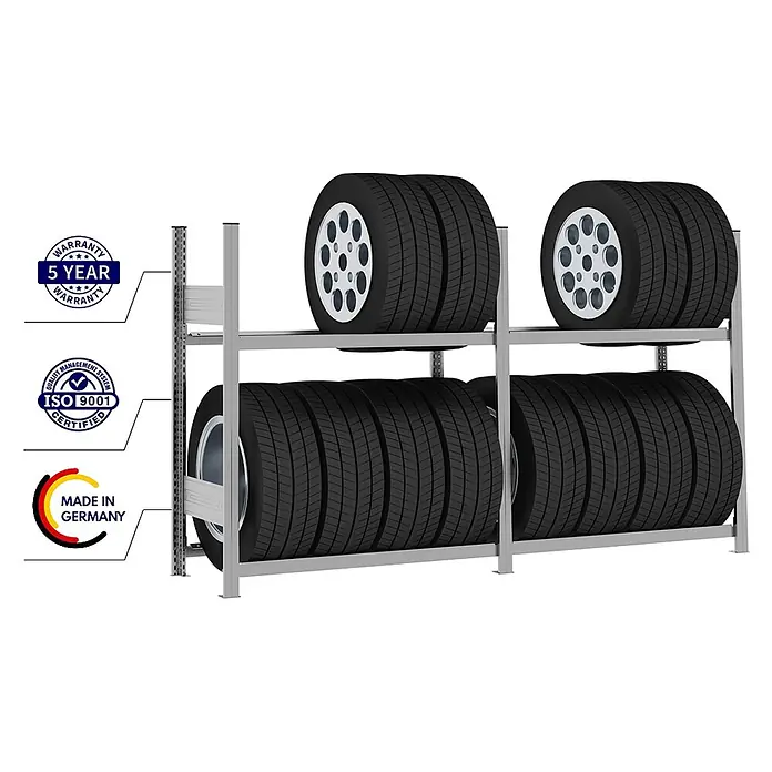 Proregal Reifenregal TIRE PRO - H x B x T: 115 x 200 x 43 cm, Stecken, Verzinkt - Graues Metall-Reifenlagerregal mit zwei Ebenen, 12 Reifen mit silbernen Felgen. 5 Jahre Garantie, ISO 9001 zertifiziert, Made in Germany.