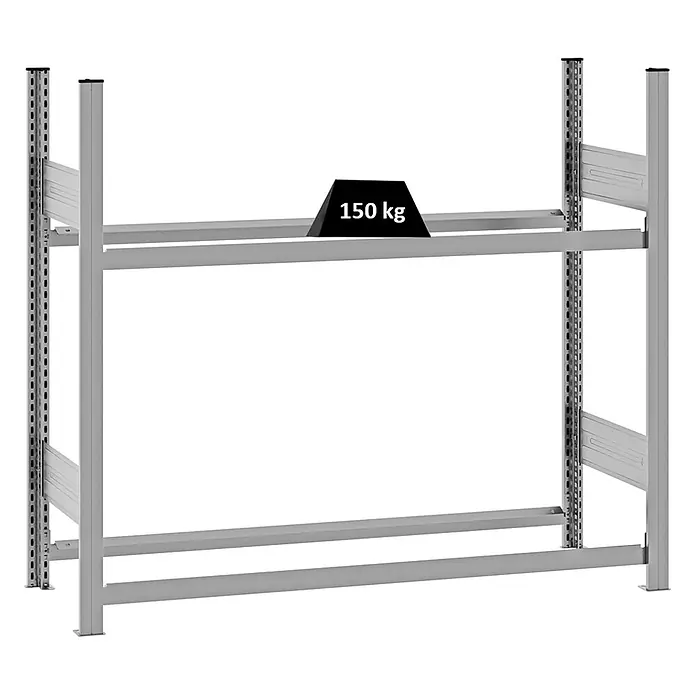 Proregal Reifenregal TIRE PRO - H x B x T: 115 x 130 x 43 cm, Stecken, Verzinkt - Graues Metallregal mit zwei Ebenen, zeigt eine Tragfähigkeit von 150 kg auf der oberen Ablage.