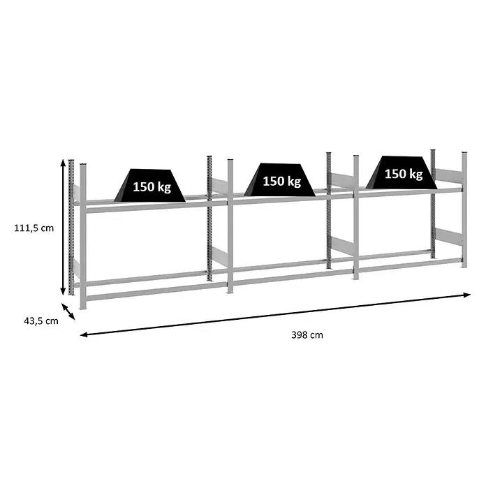 Proregal Reifenregal TIRE PRO - H x B x T: 115 x 300 x 43 cm, Stecken, Verzinkt - Graues Metallregal (111,5x43,5x398 cm) mit zwei Ablagen, obere Ablage mit drei 150 kg Gewichten beladen.
