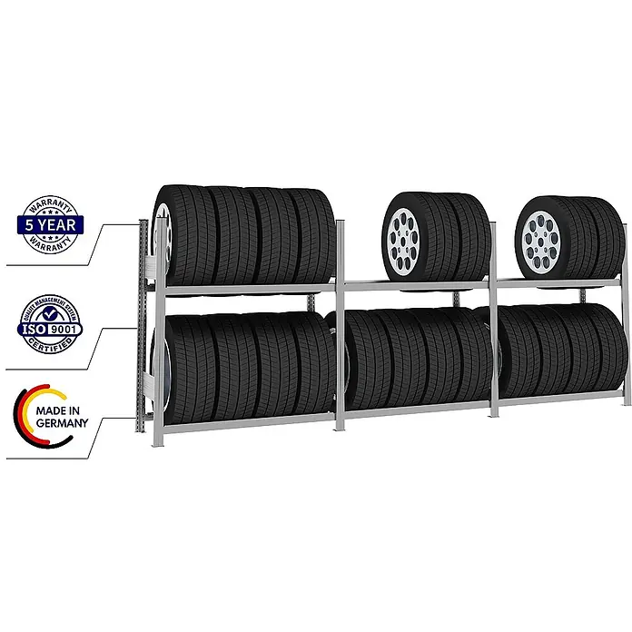 Proregal Reifenregal TIRE PRO - H x B x T: 115 x 300 x 43 cm, Stecken, Verzinkt - Silbergraues Metall-Reifenregalsystem mit zwei Ebenen, bestückt mit schwarzen Autoreifen, Made in Germany, 5 Jahre Garantie, ISO 9001 zertifiziert.