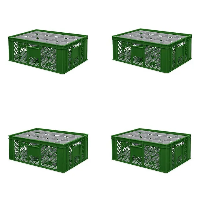 BRB 4x Gläserkiste 600x400 mm für 15 Gläser bis 205 mm Höhe/Durchmesser 109 mm, grün -  - Vier grüne Kunststoffkisten mit grauen Einsätzen für Gläser oder Flaschen.