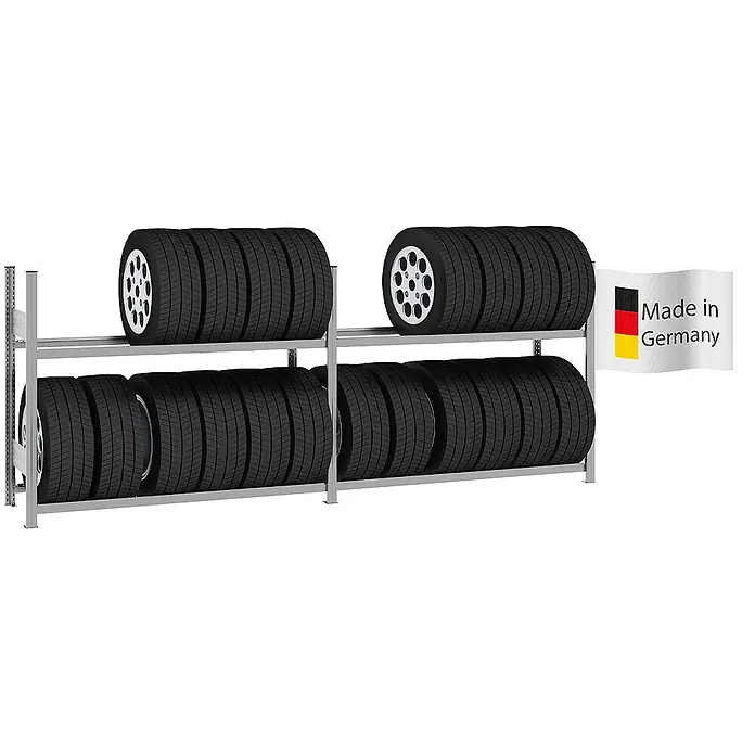 Proregal Reifenregal TIRE PRO 100cm Feldbreite - H x B x T: 115 x 300 x 43 cm, Stecken, Verzinkt - Silberne Metall-Reifenregale, gefüllt mit schwarzen Autoreifen, mit „Made in Germany“-Fahne.