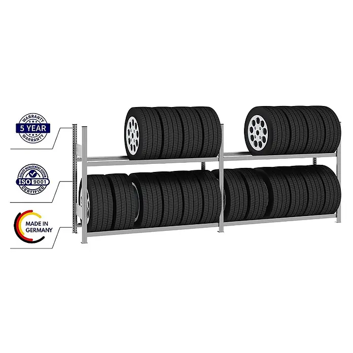 Proregal Reifenregal TIRE PRO 100cm Feldbreite - H x B x T: 115 x 300 x 43 cm, Stecken, Verzinkt - Silbernes Metall-Reifenregal mit zwei Ebenen, gefüllt mit schwarzen Reifen mit silbernen Felgen. 5 Jahre Garantie, ISO 9001 zertifiziert, Made in Germany.