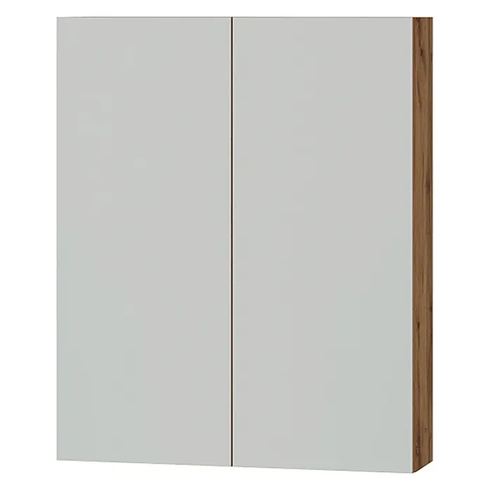 Vicco Spiegelschrank - Sonstiges, Eiche - Zweitüriger Wandschrank mit hellgrauen Fronten und Holzoptik-Seitenpaneelen für modernen Stauraum.