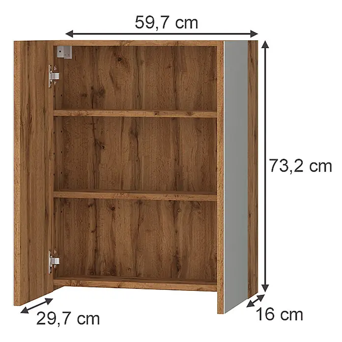 Vicco Spiegelschrank - Sonstiges, Eiche - Wandhängeschrank in Holzoptik braun, offene Tür, Regalböden innen, B 59,7 cm x H 73,2 cm x T 16 cm.