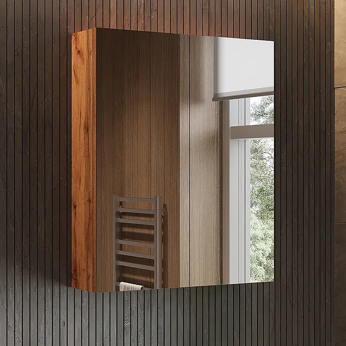 Vicco Spiegelschrank - Sonstiges, Eiche - Badezimmerspiegelschrank mit warmer Holzseite, der ein Fenster und den Raum reflektiert.