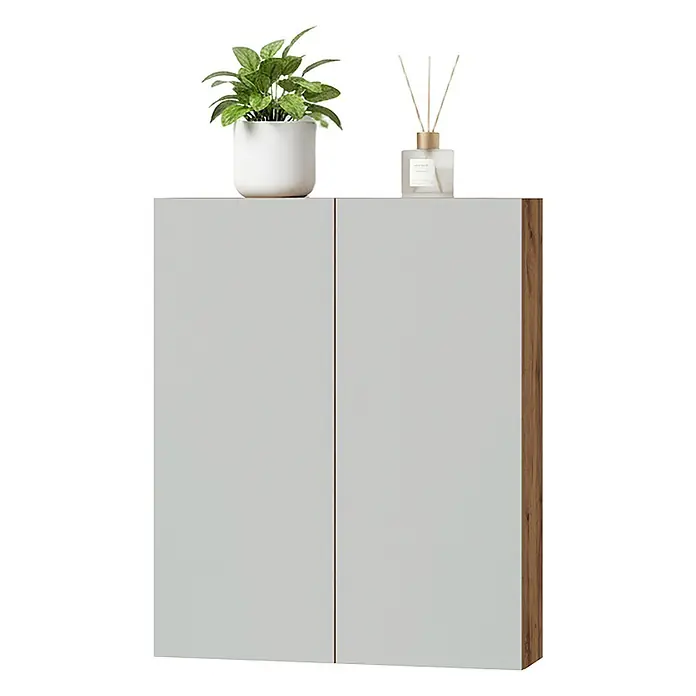Vicco Spiegelschrank - Sonstiges, Eiche - Hellgrauer Zweitürer-Schrank mit Holzseiten, darauf eine Pflanze und ein Diffusor.
